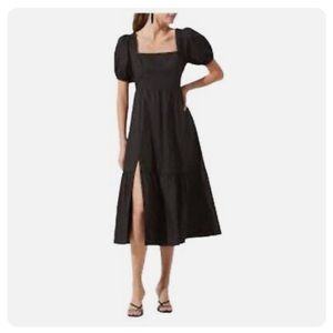 ASTR The Label Poplin Tiered Midi Dress Black Square Neck Puff Sleeves - Small